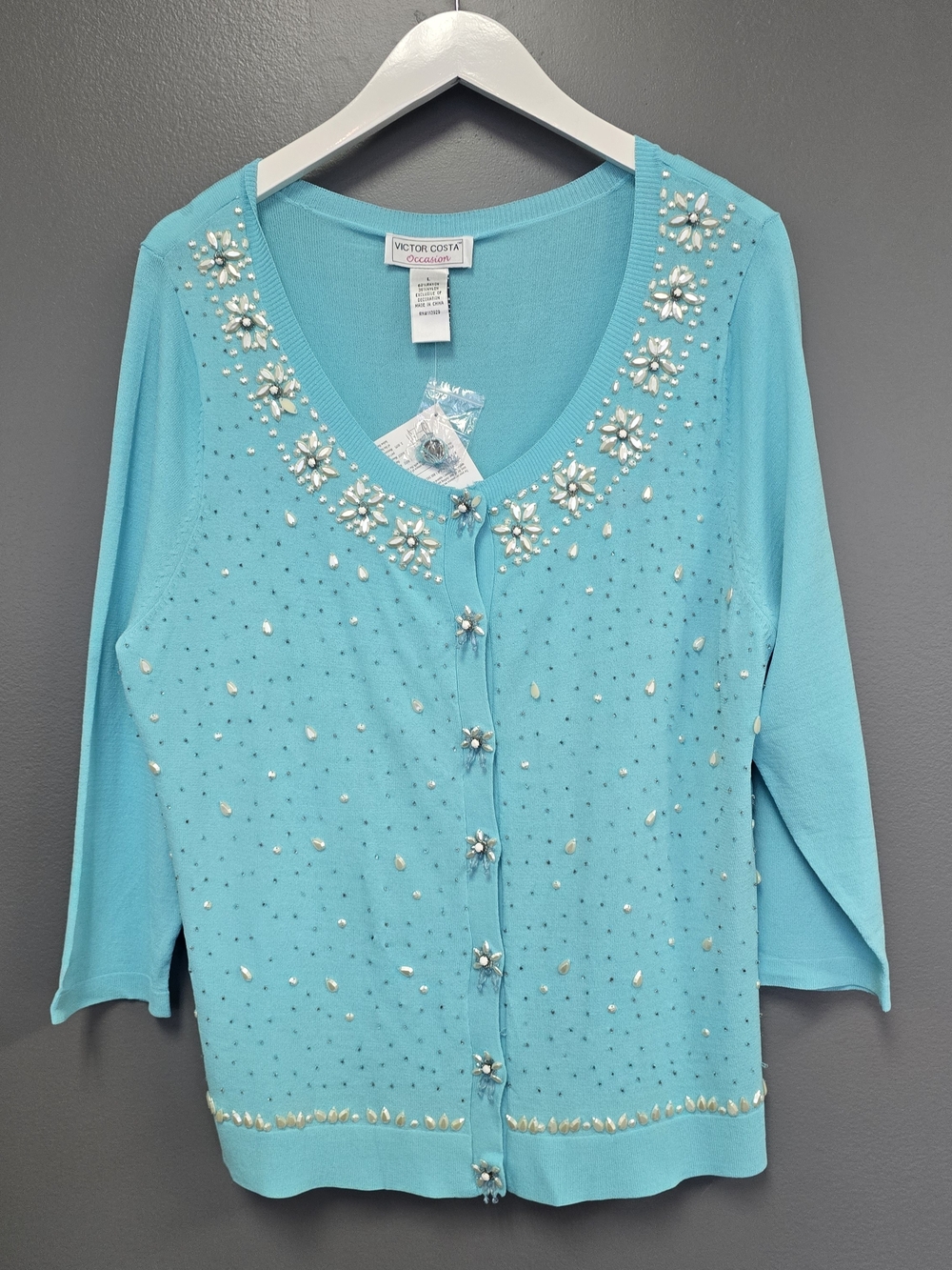 Victor Costa Vintage Blue Knit Beaded Rhinestone/Pearl Button Front Cardigan L